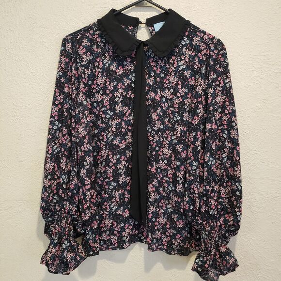 CeCe Black & White Floral Peter Pan Collared Tie Neck Balloon Sleeve Blouse M - Picture 1 of 10